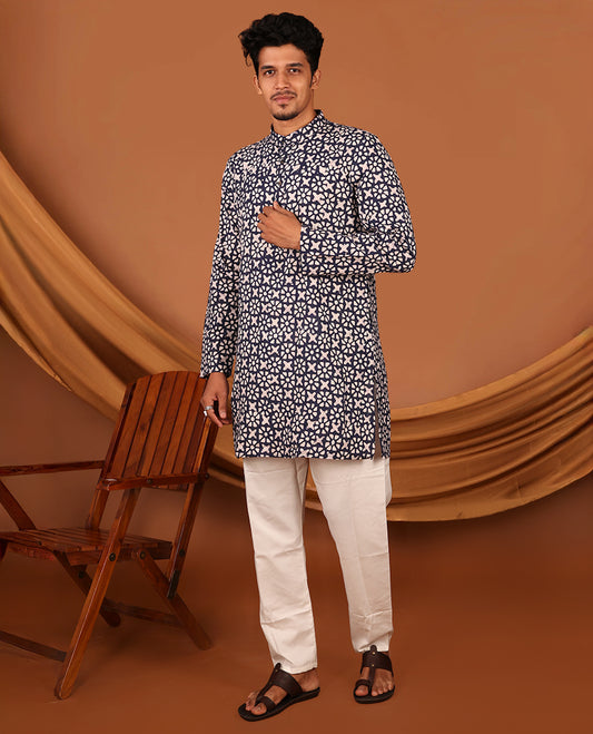 Blue Batik-Style Printed Full-Sleeved Men's Kurta
