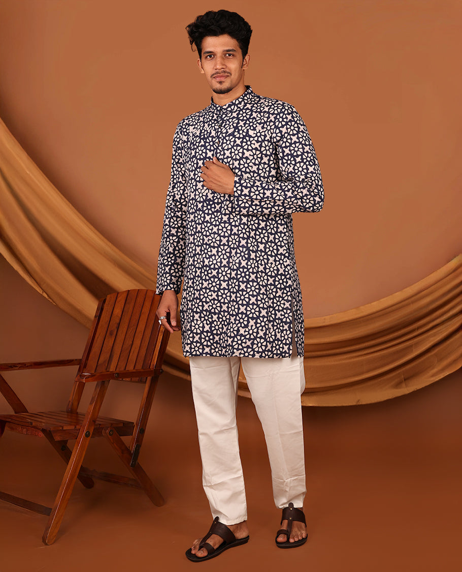Blue Batik-Style Printed Full-Sleeved Men's Kurta