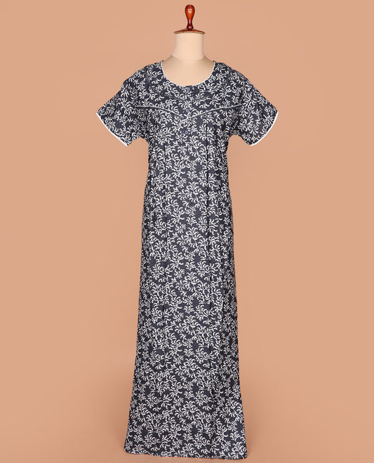 Grey paisley printed round neck lace work half-sleeve cotton nighty
