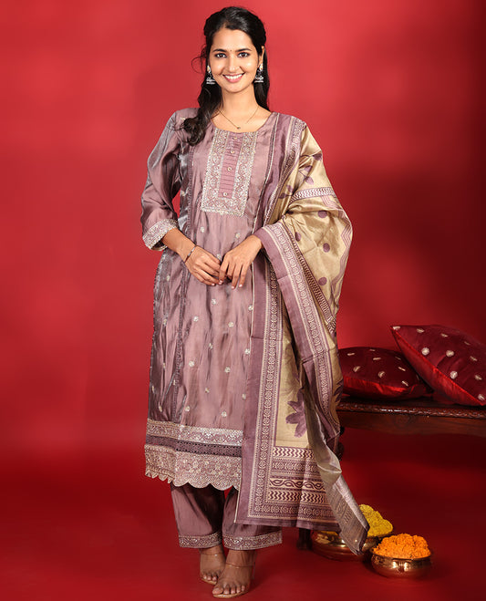 Rosewood Pink Vichitra Silk Readymade Suit