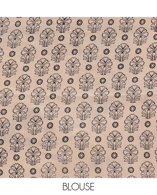 Brown floral vine machine printed kalamkari cotton saree, figurines motifs border, and pallu of pichwai cow, and Lord Kishna motifs