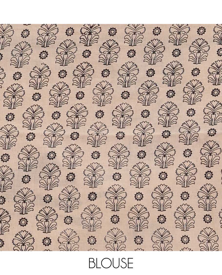 Brown floral vine machine printed kalamkari cotton saree, figurines motifs border, and pallu of pichwai cow, and Lord Kishna motifs