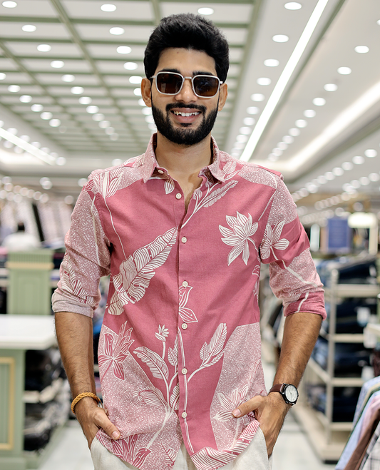 Pink Cotton-Blended Tropical Floral Print Casual Shirt
