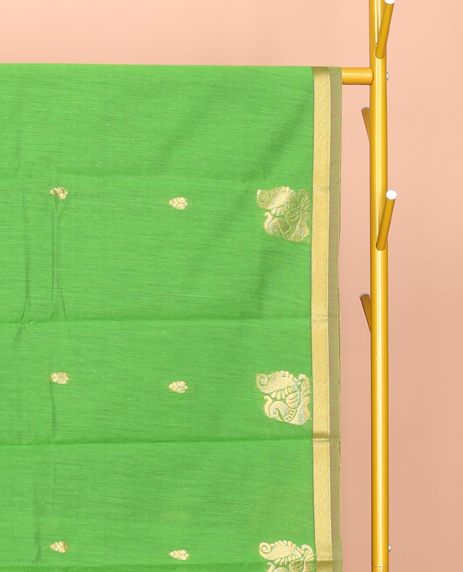 Parrot Green Semi-Silk Cotton Saree, Adorned with Buttas and Peacock Buttas All Over Its Body, Complemented by a Contrast Piping Border, Pallu of Peacock Butta Enclosed in a Checked Design, and Paired with a Contrast Blouse