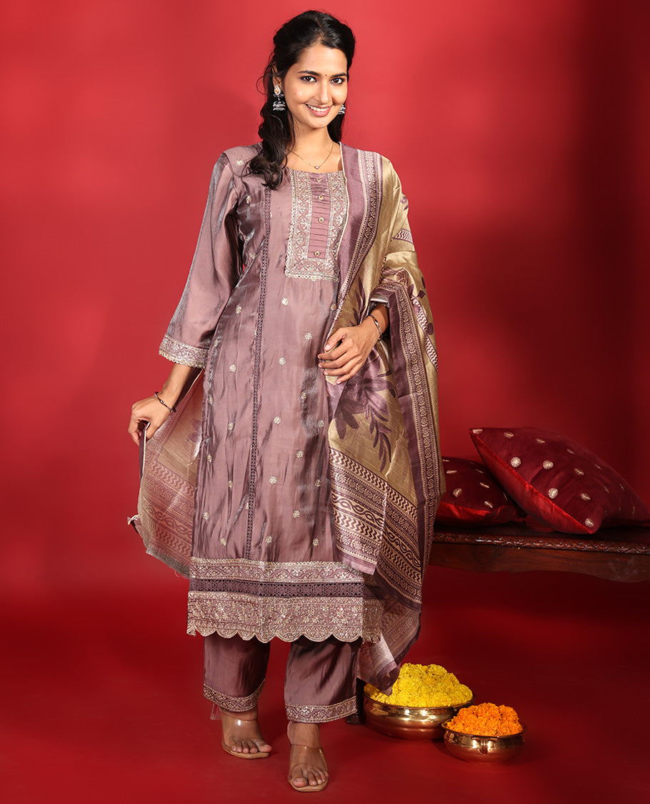 Rosewood Pink Vichitra Silk Readymade Suit