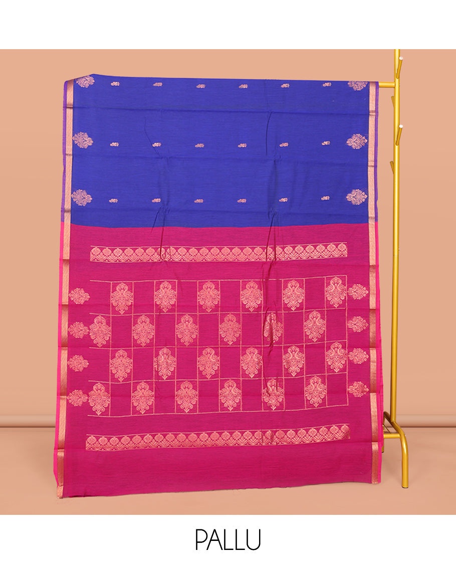 Royal Blue Semi-Silk Cotton Saree, Gleamed Up with Zari Buttas All Over Its Body, Complemented by a Contrast Border, Pallu of Butta Enclosed Checked Design, and Paired with a Contrast Blouse