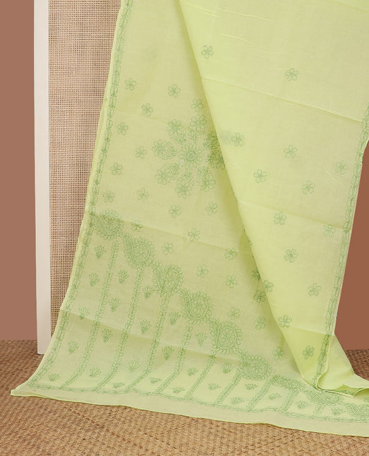 Yellow flower butta thread embroidered Lucknowi chikankari saree, self-border, & floral embroidered pallu