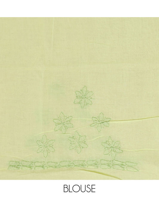 Yellow flower butta thread embroidered Lucknowi chikankari saree, self-border, & floral embroidered pallu