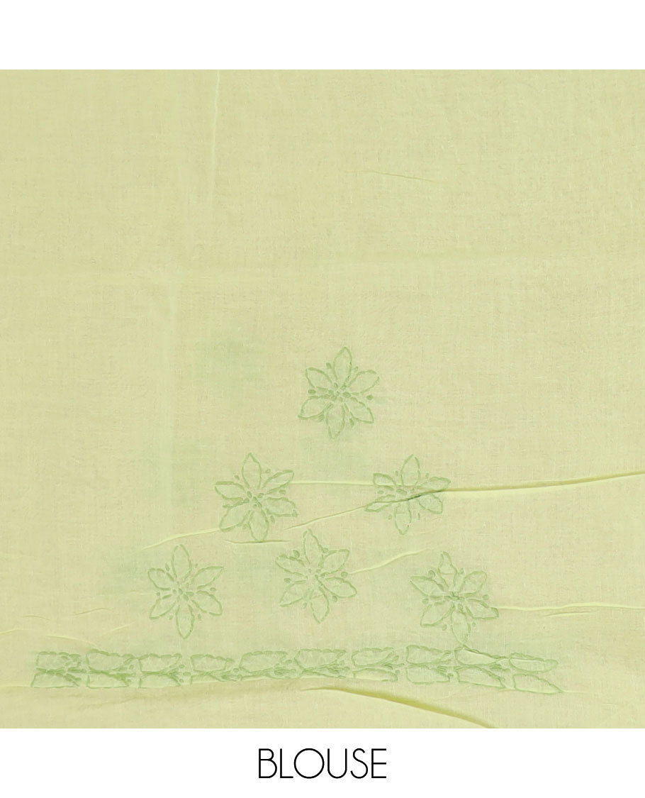 Yellow flower butta thread embroidered Lucknowi chikankari saree, self-border, & floral embroidered pallu
