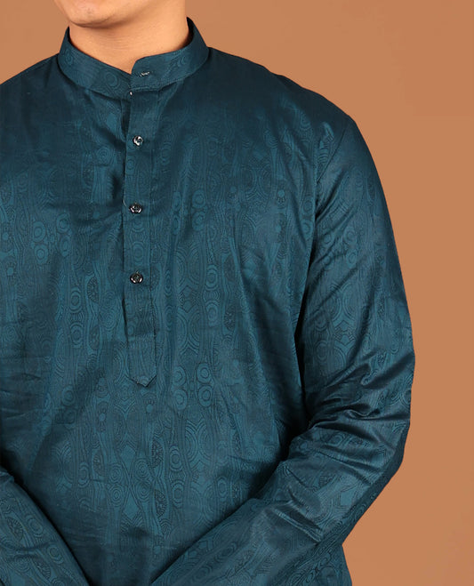 Peacock Blue Embossed Full-Sleeved Men's Kurta