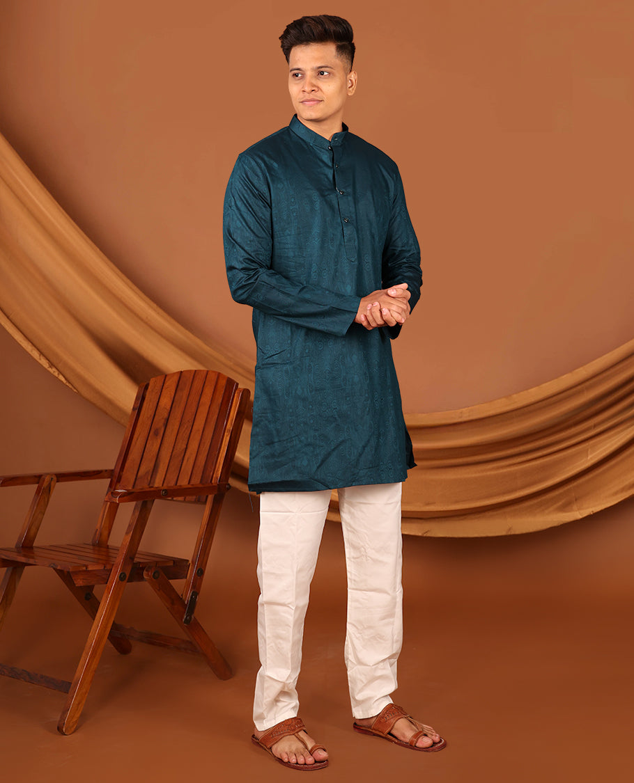 Peacock Blue Embossed Full-Sleeved Men's Kurta