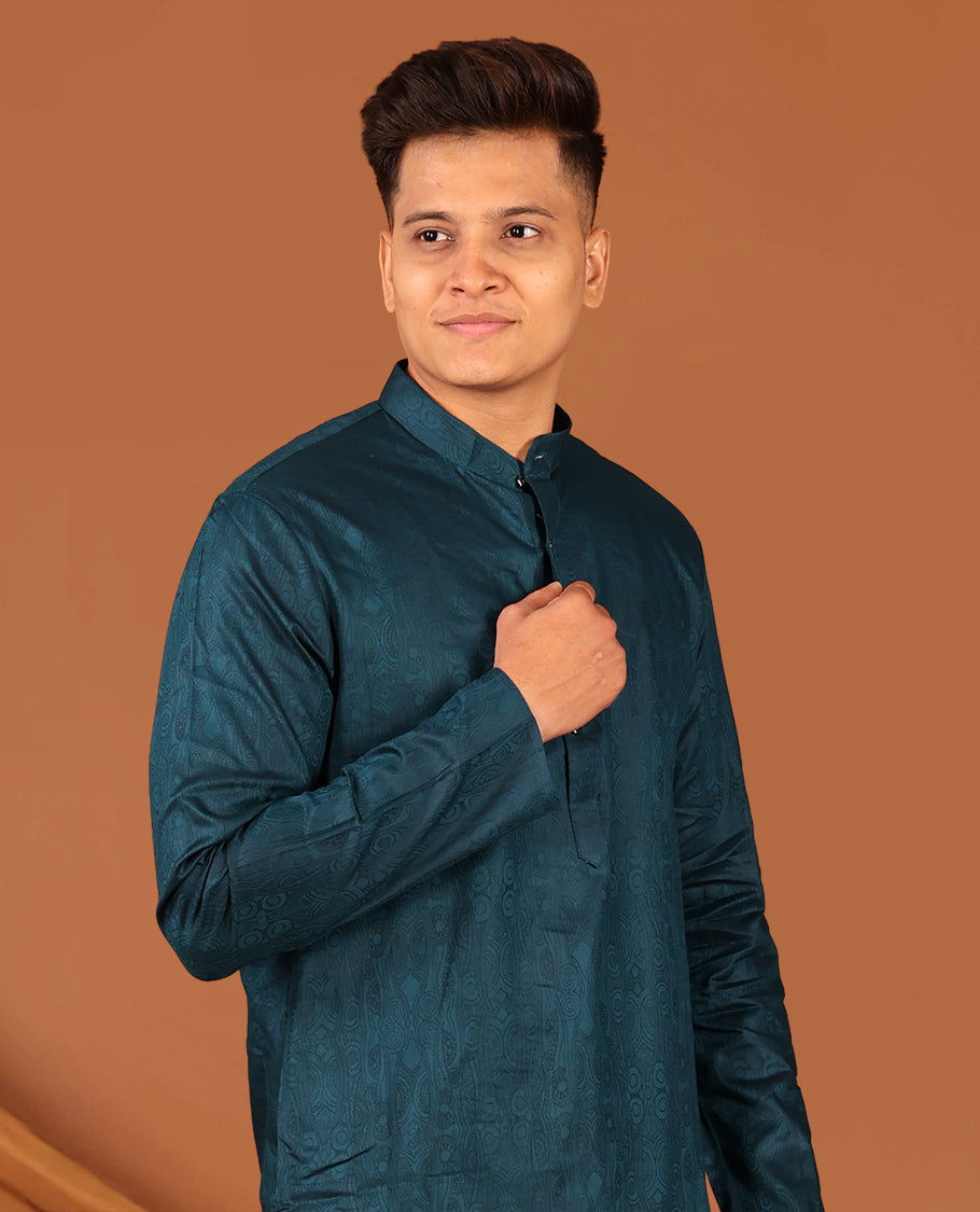 Peacock Blue Embossed Full-Sleeved Men's Kurta
