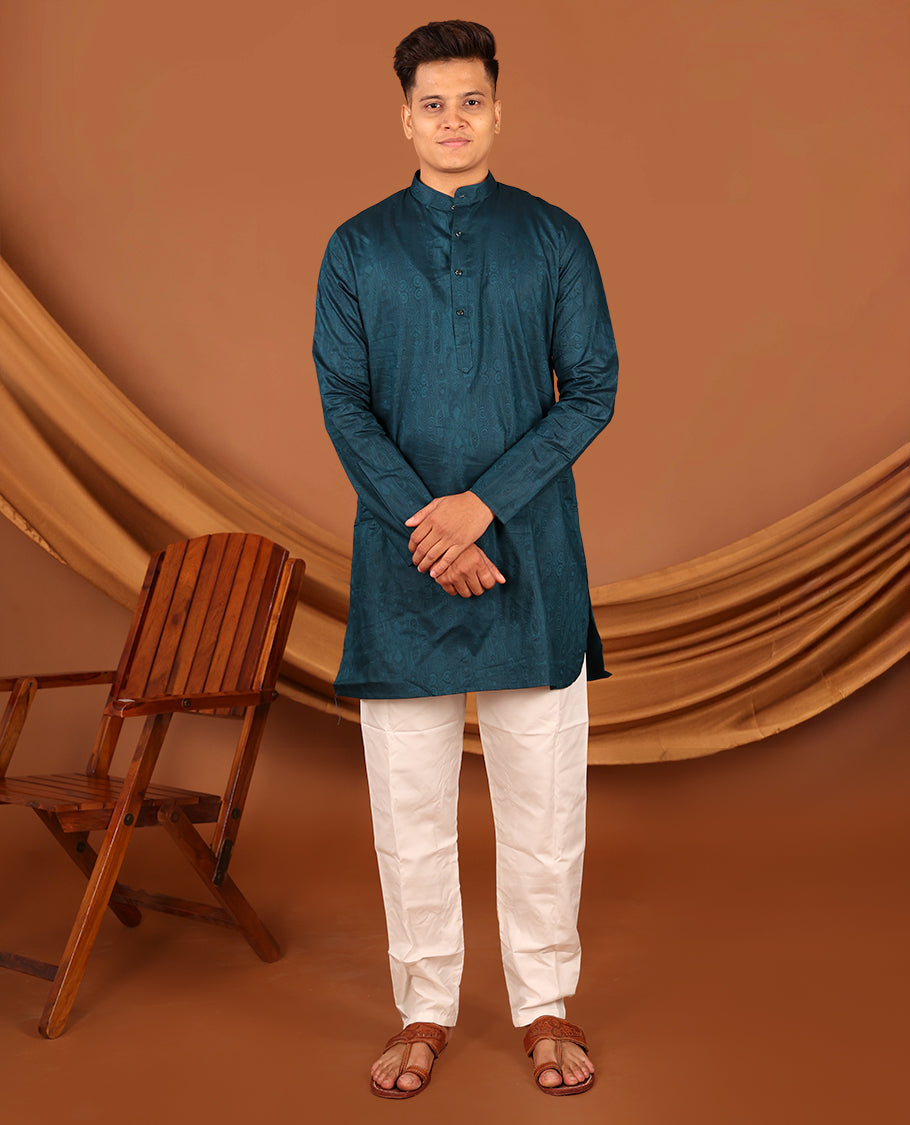 Peacock Blue Embossed Full-Sleeved Men's Kurta