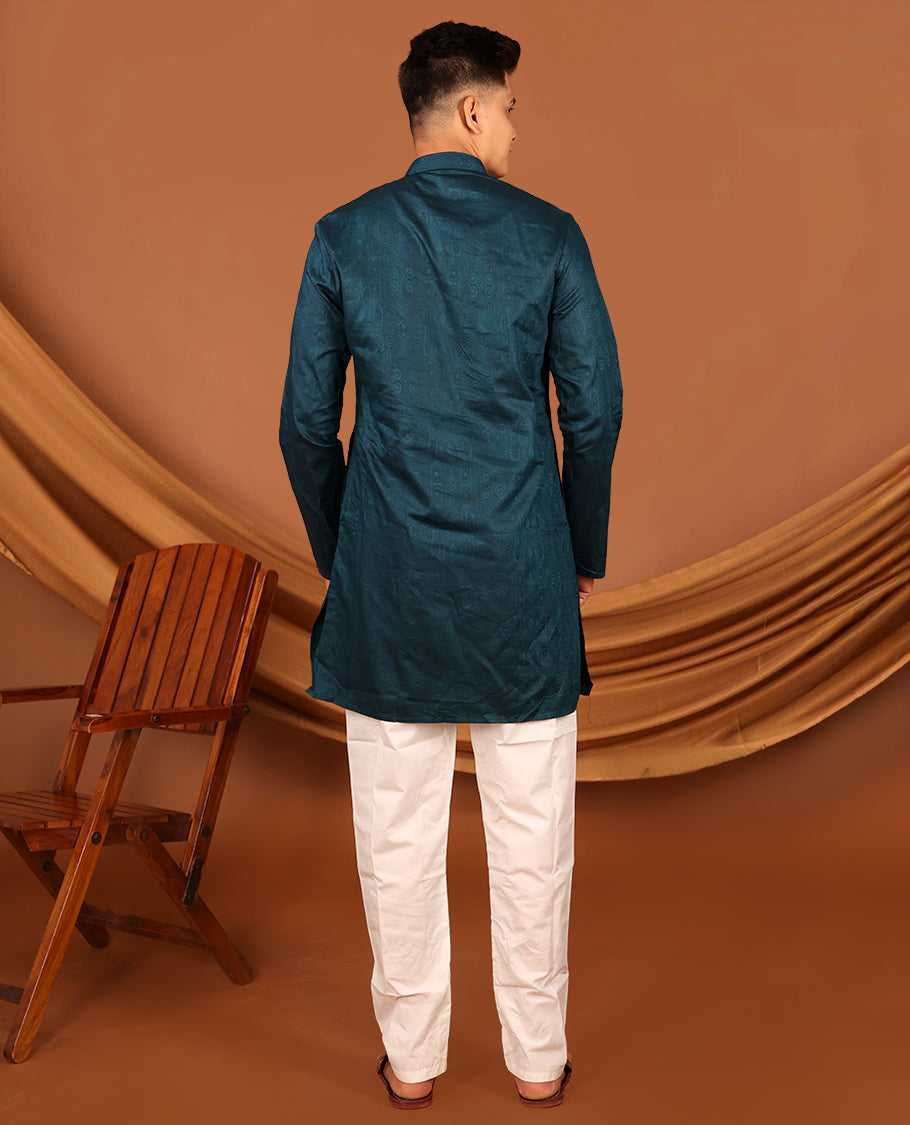 Peacock Blue Embossed Full-Sleeved Men's Kurta