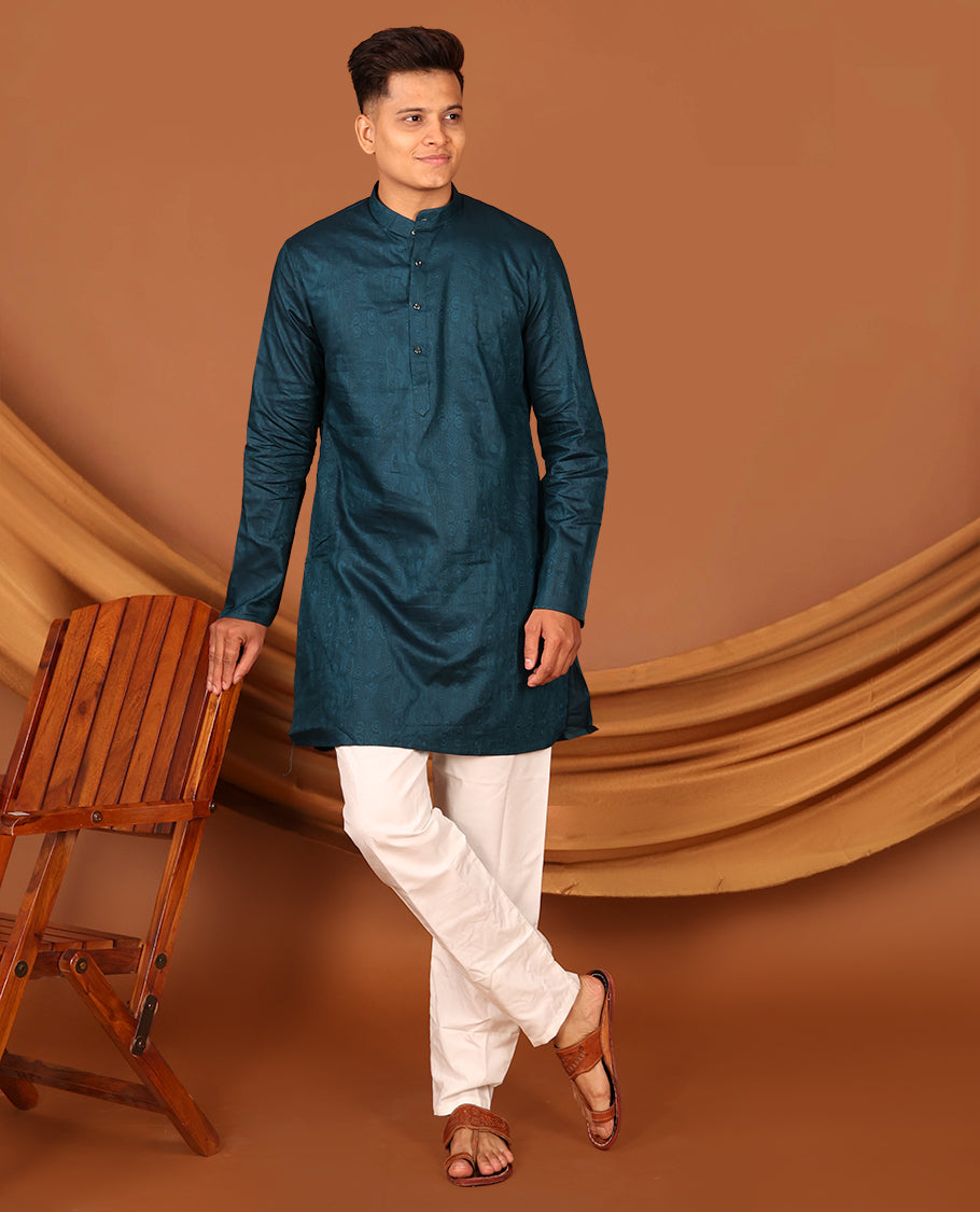 Peacock Blue Embossed Full-Sleeved Men's Kurta