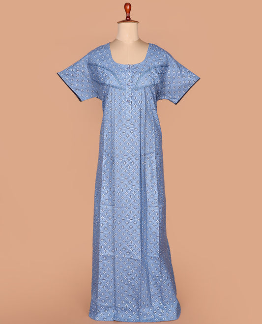 Blue ogee printed with lace work round neck half-sleeve cotton nighty