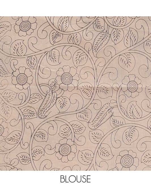 Cream chevron stripes machine printed kalamkari cotton saree, contrast Wedding theme printed border, and flora-fauna printed pallu