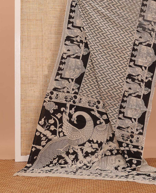 Cream chevron stripes machine printed kalamkari cotton saree, contrast Wedding theme printed border, and flora-fauna printed pallu