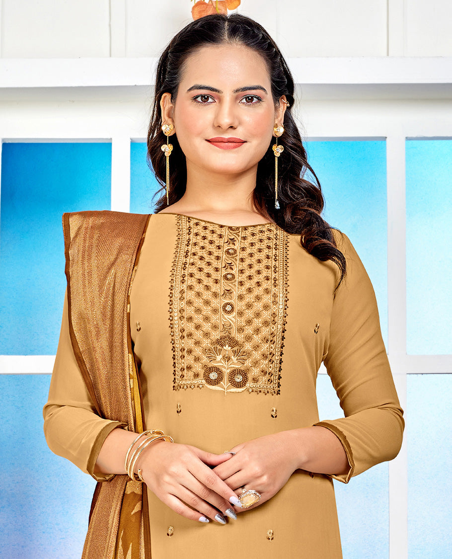 khaki brown dress material catalouge floral embroidery top with straigth pants & floral design dupatta