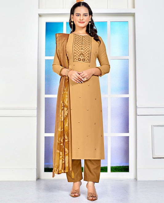 khaki brown dress material catalouge floral embroidery top with straigth pants & floral design dupatta