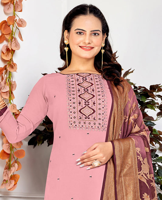 Pink dress material catalouge floral embroidery top with straigth pants & floral design dupatta