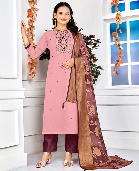 Pink dress material catalouge floral embroidery top with straigth pants & floral design dupatta