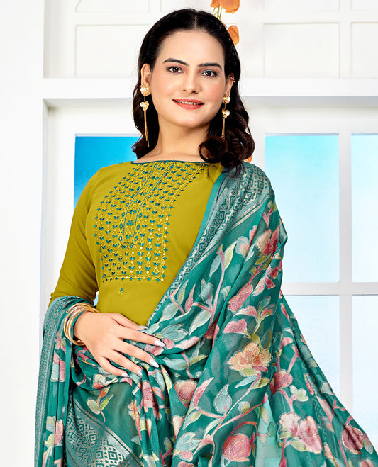Green dress material catalouge floral embroidery top with straigth pants & floral design dupatta