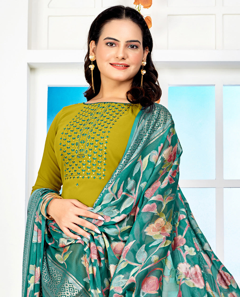 Green dress material catalouge floral embroidery top with straigth pants & floral design dupatta