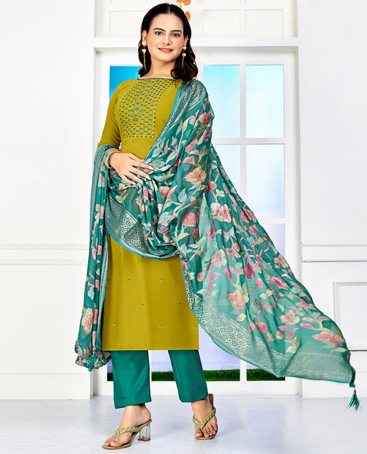 Green dress material catalouge floral embroidery top with straigth pants & floral design dupatta