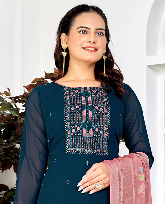 Blue dress material catalouge floral embroidery top with straigth pants & floral design dupatta