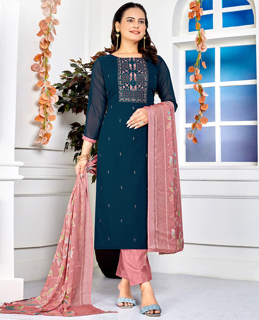 Blue dress material catalouge floral embroidery top with straigth pants & floral design dupatta