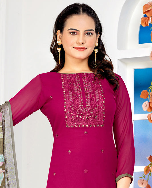 Magenta dress material catalouge floral embroidery top with straigth pants & floral design dupatta