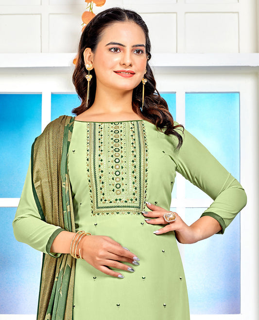 Light green dress material catalouge floral embroidery top with straigth pants & floral design dupatta