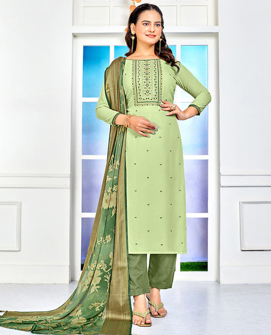 Light green dress material catalouge floral embroidery top with straigth pants & floral design dupatta