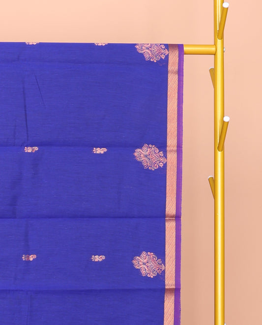 Royal Blue Semi-Silk Cotton Saree, Gleamed Up with Zari Buttas All Over Its Body, Complemented by a Contrast Border, Pallu of Butta Enclosed Checked Design, and Paired with a Contrast Blouse