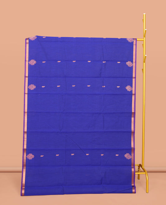Royal Blue Semi-Silk Cotton Saree, Gleamed Up with Zari Buttas All Over Its Body, Complemented by a Contrast Border, Pallu of Butta Enclosed Checked Design, and Paired with a Contrast Blouse