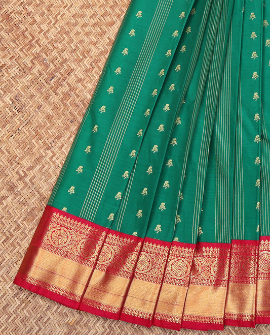 Green Budget Silk Saree, Masterfully Woven with Zari Buttas and Stripes All Over Its Body, Complemented by a Contrast Traditional Zari Design Border, Grand Geometric-Patterns Pallu, and Paired with a Contrast Blouse