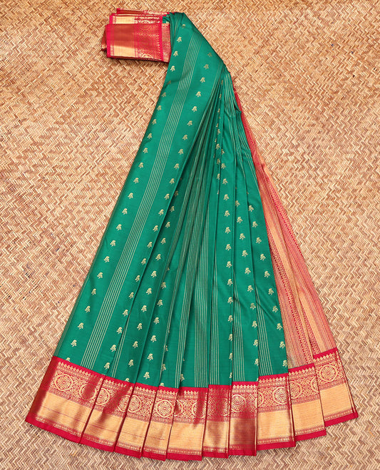 Green Budget Silk Saree, Masterfully Woven with Zari Buttas and Stripes All Over Its Body, Complemented by a Contrast Traditional Zari Design Border, Grand Geometric-Patterns Pallu, and Paired with a Contrast Blouse