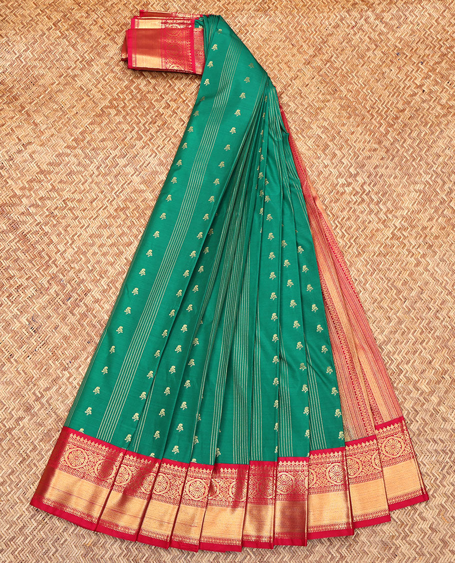 Green Budget Silk Saree, Masterfully Woven with Zari Buttas and Stripes All Over Its Body, Complemented by a Contrast Traditional Zari Design Border, Grand Geometric-Patterns Pallu, and Paired with a Contrast Blouse