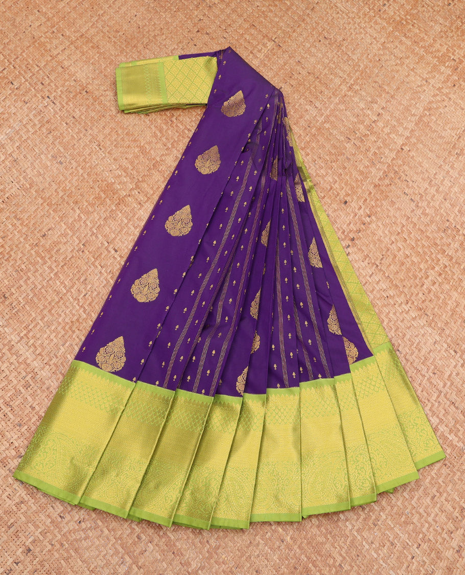 Violet Budget Silk Saree, Finely Crafted with Zari Buttas, Complemented by a Contrast Traditional Zari Border, Grand Pallu, and a Contrast Blouse
