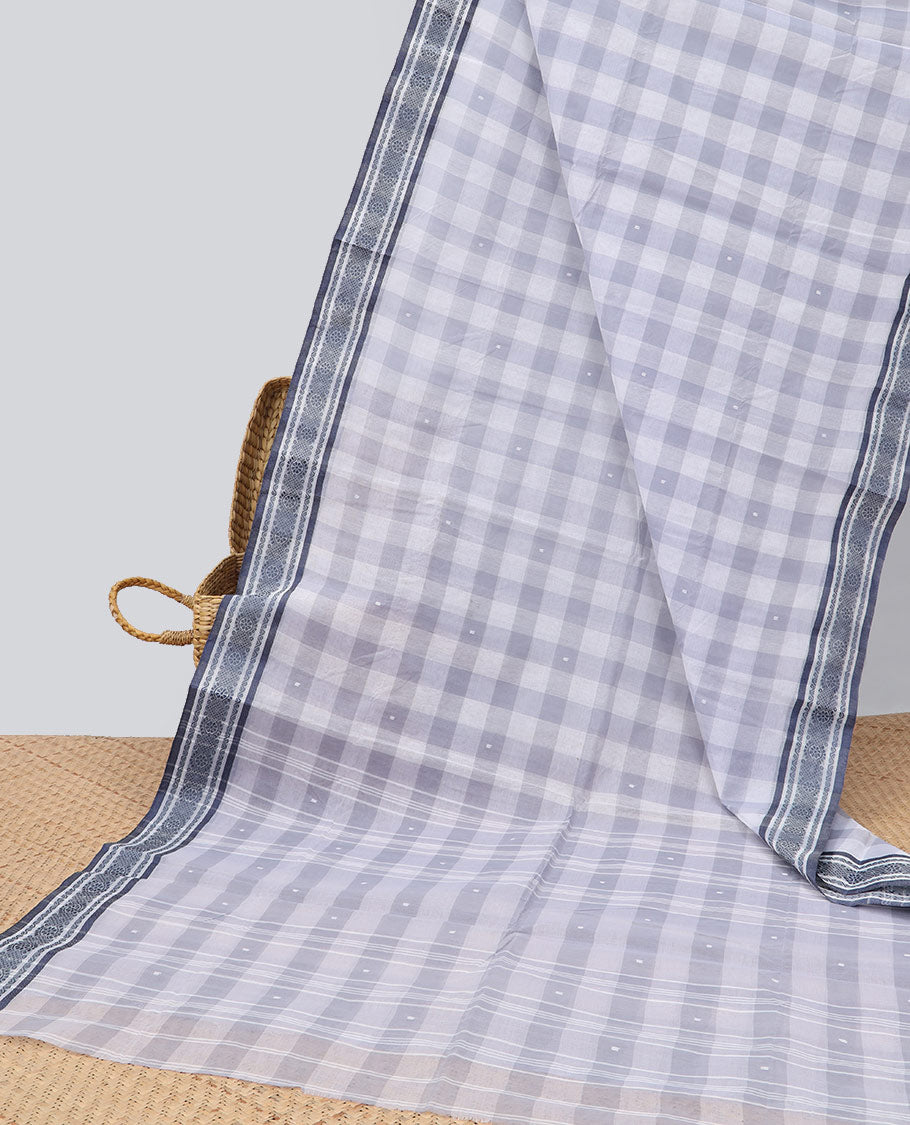 Grey checked Bengal cotton saree with buttas, traditional design border & intricate pallu