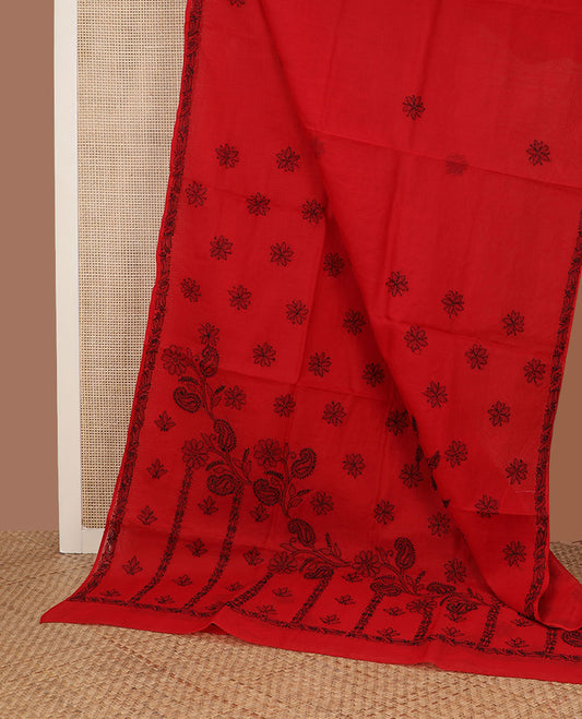Red flower butta thread embroidered Lucknowi chikankari saree, self-border, & floral-paisley embroidered pallu