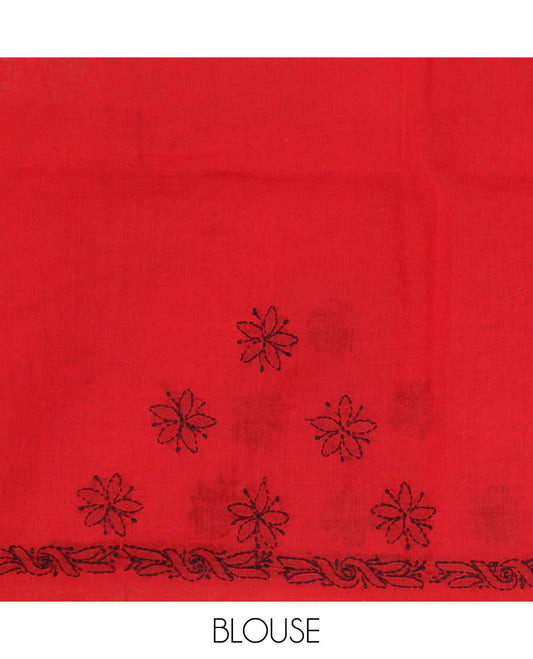 Red flower butta thread embroidered Lucknowi chikankari saree, self-border, & floral-paisley embroidered pallu