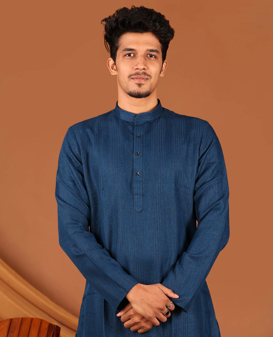 Dark Blue Embossed Full-Sleeved Men's Kurta