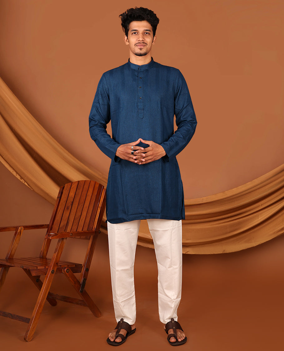 Dark Blue Embossed Full-Sleeved Men's Kurta