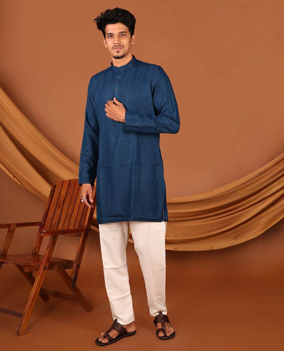 Dark Blue Embossed Full-Sleeved Men's Kurta