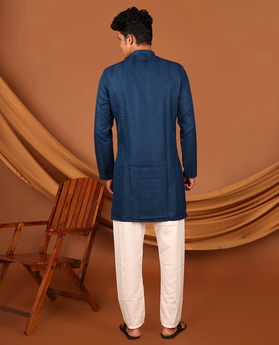 Dark Blue Embossed Full-Sleeved Men's Kurta