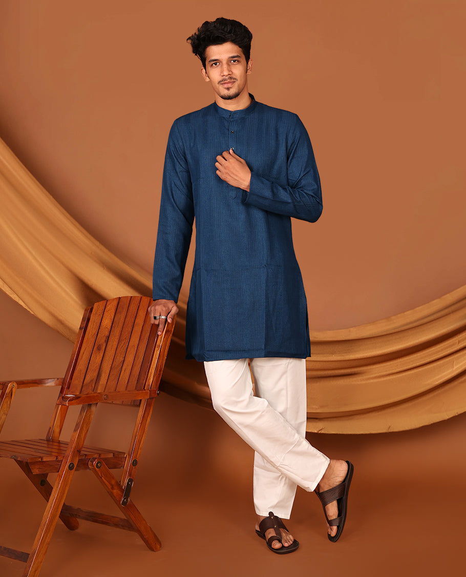 Dark Blue Embossed Full-Sleeved Men's Kurta