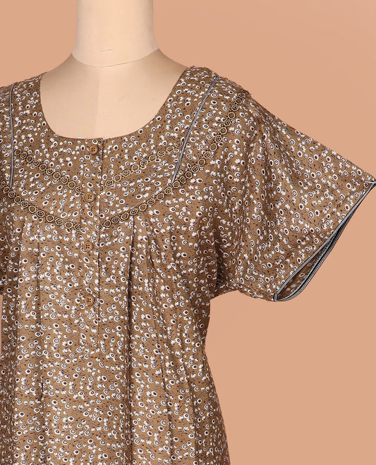 Brown floral printed with lace work round neck half-sleeve cotton nighty