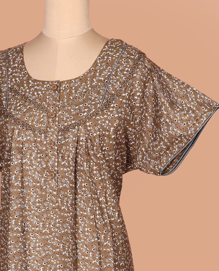 Brown floral printed with lace work round neck half-sleeve cotton nighty